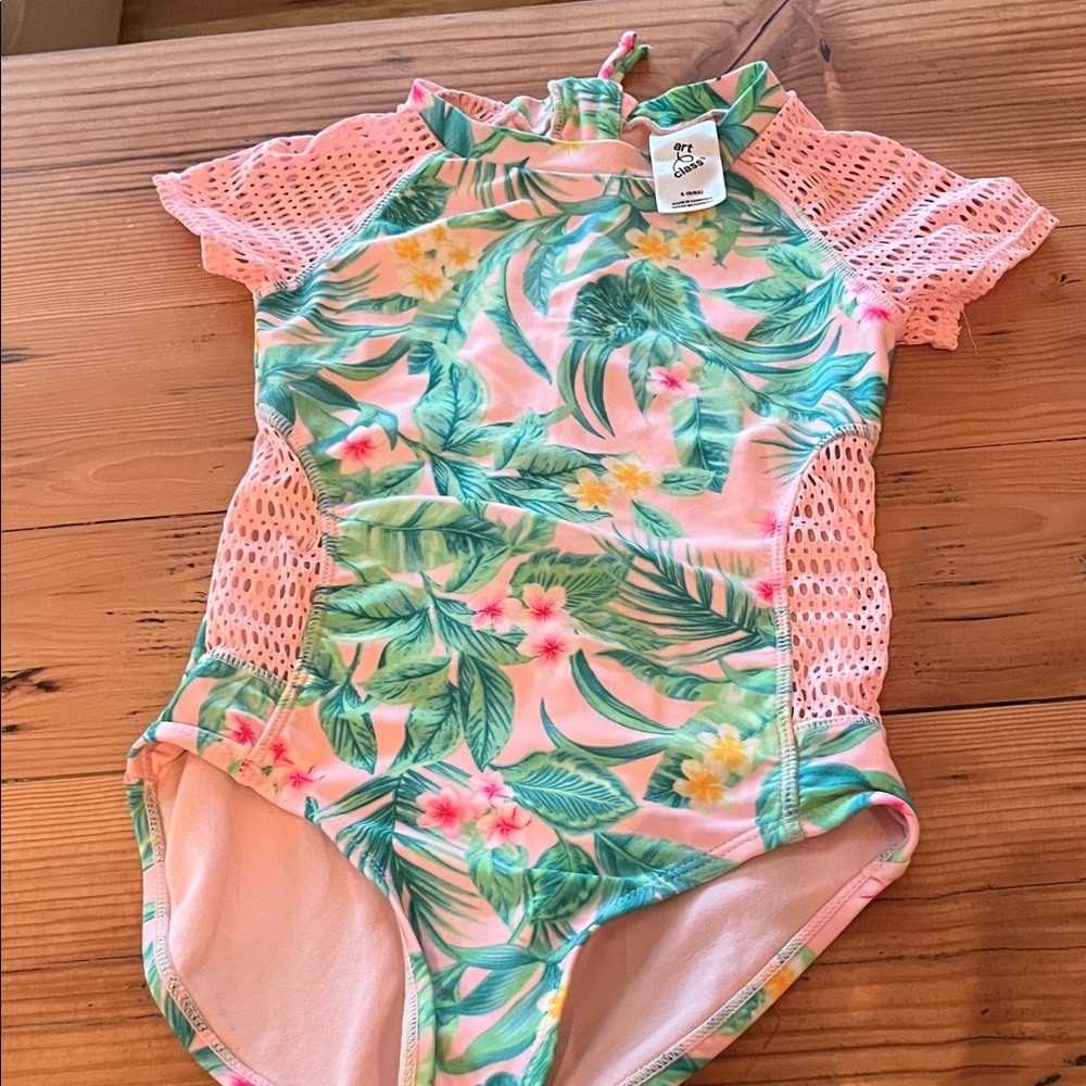 Art Class Pink and Green Tropical Kids Swim One Piece